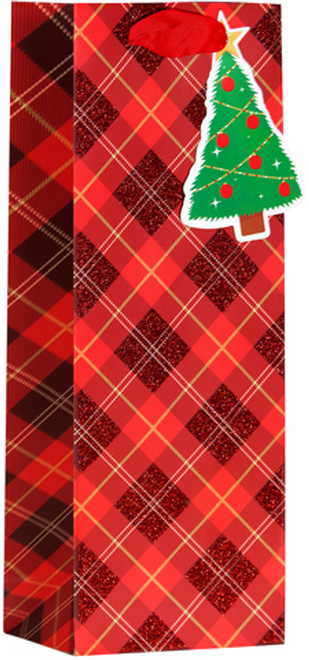 Пакет подарочный для вина, Новогодний в клетку, Дизайн №1, Красный, с блестками, 34,5*12,5*10 см, 1