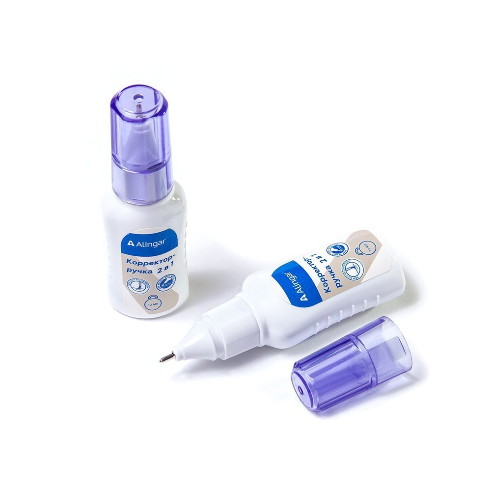 Корректирующая жидкость 2 в 1 Alingar, 12 мл, на спиртовой основе, металл. наконечник+кисть, уп. 24 шт