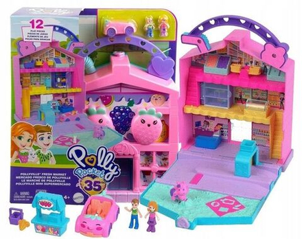 Фигурки Mattel Polly Pocket - Портативный набор Фермерский рынок, фруктовый супермаркет с машинкой, 2 куклы HRD45