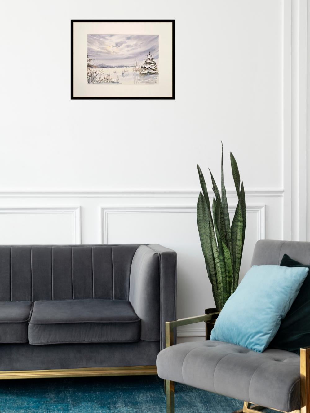 Картина авторская акварельная в паспарту 30х40 см на стену для интерьера "Поздний рассвет. Зима"