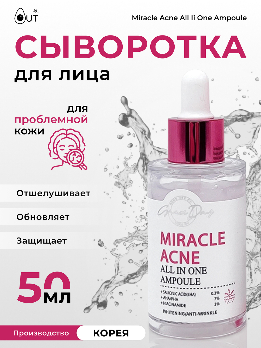 GRACE DAY - СЫВОРОТКА ДЛЯ ЛИЦА ДЛЯ ПРОБЛЕМНОЙ КОЖИ MIRACLE ACNE ALL IN ONE AMPOULE, 50 МЛ.