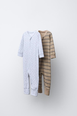 ZARA КОМПЛЕКТ ИЗ ДВУХ ПИЖАМНЫХ КОМПЛЕКТОВ В ЦВЕТОЧЕК И ПОЛОСКУ С ОТКИДНЫМИ НОЖКАМИ, ЦВЕТ ВЕРБЛЮЖЬЕЙ ШЕРСТИ