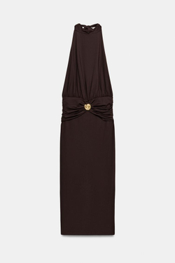 ZARA ПЛАТЬЕ ХАЛТЕР СО СБОРКАМИ, КОРИЧНЕВЫЙ