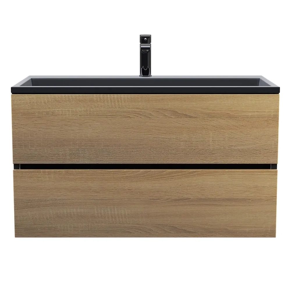 Тумба с раковиной Uperwood Barsa 90 см, раковина черная глянцевая, подвесная тумба черная/дуб сонома
