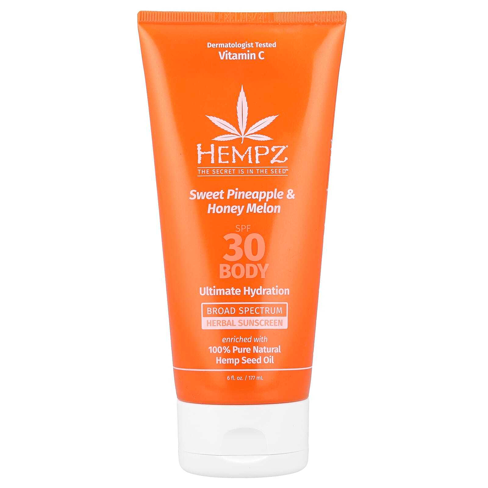 Hempz, Травяное солнцезащитное средство для тела, SPF 30, сладкий ананас и медовая дыня, 177 мл (6 жидк. унц.)