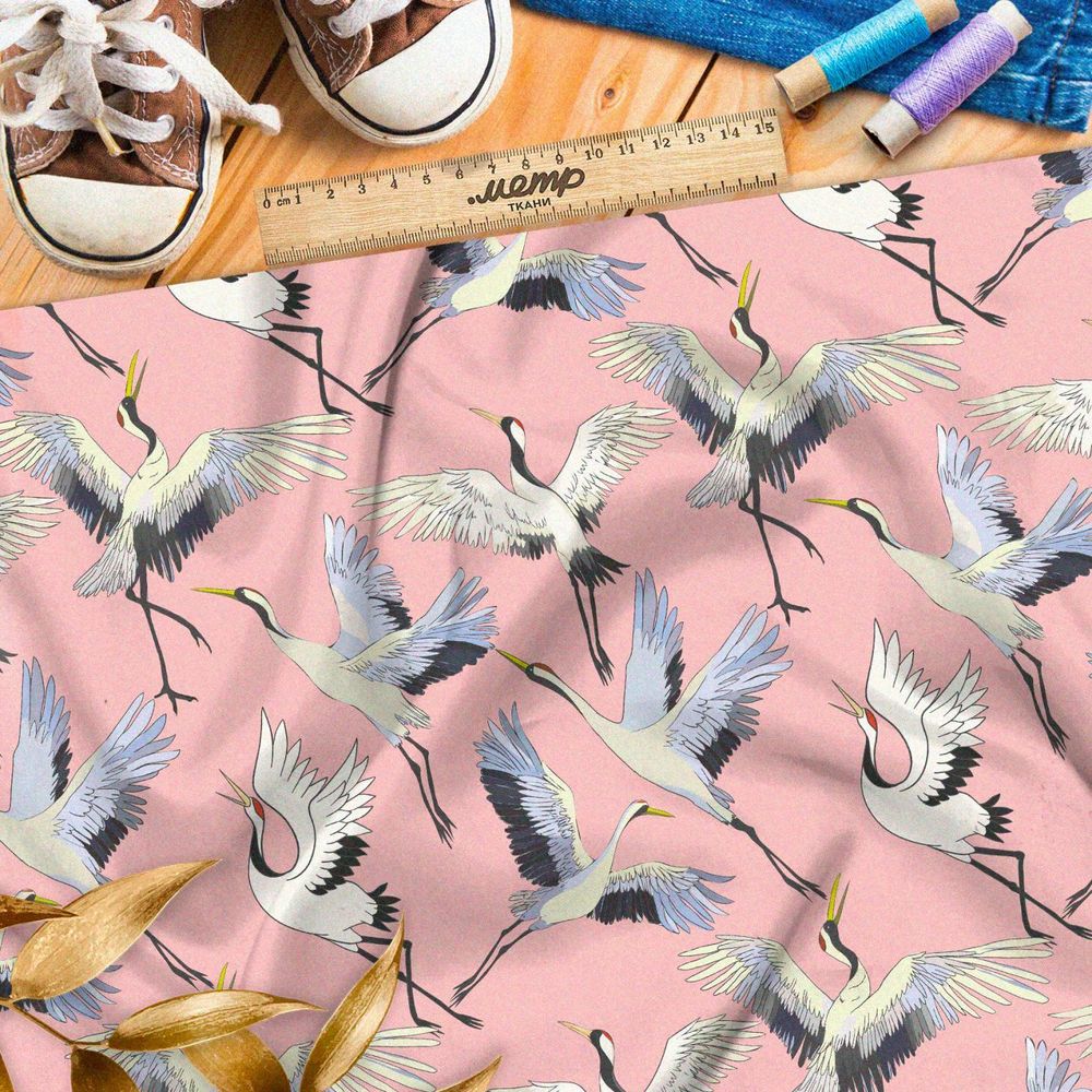 Ткань премиум интерлок журавли на розовом