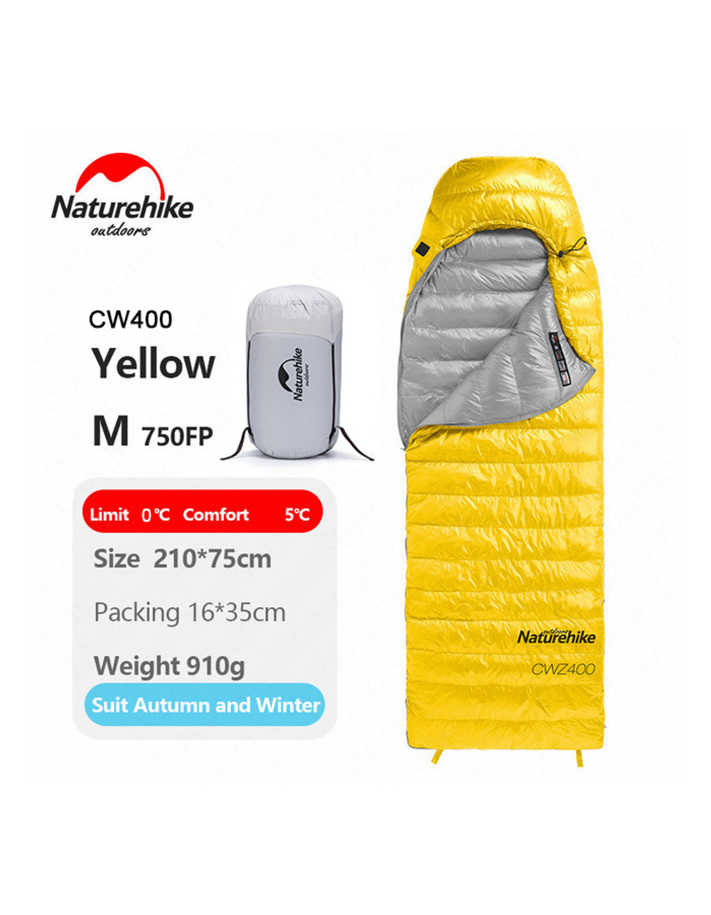 Мешок спальный Naturehike Ultralight CW400 M , 220х85 см, (правый) (ТК: +5°C), желтый