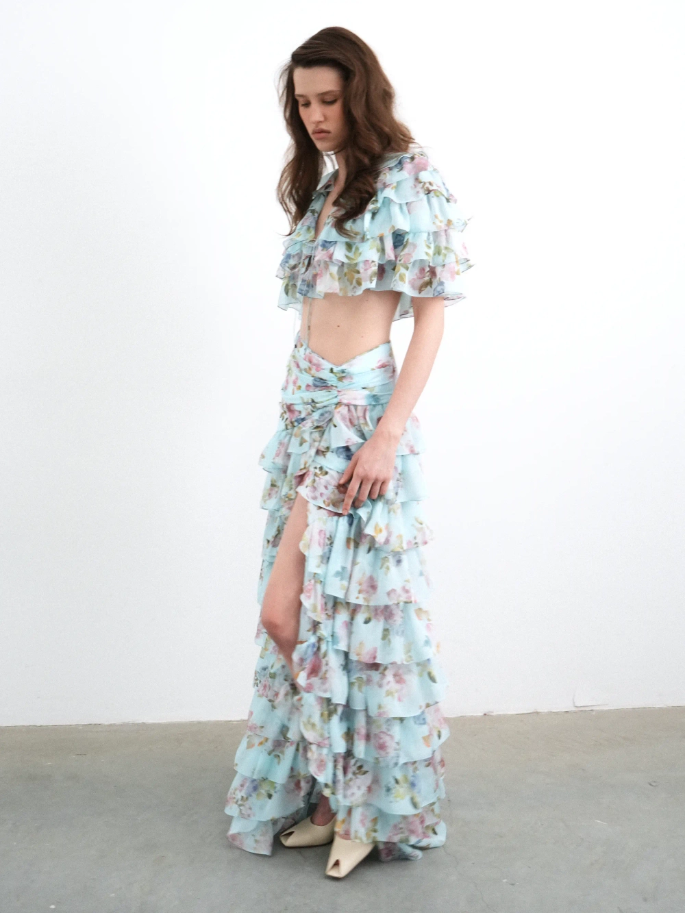 Лисса макси (Lissa maxi), юбка макси из голубого шифона с цветочным принтом