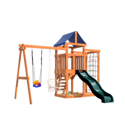 Детская площадка с сеткой стенкой для лазания, качелями 3 в 1 и плетенным креслом