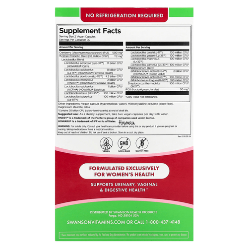 Swanson, Ежедневный пробиотик и пребиотик ФОС для женщин с клюквой, 35 млрд КОЕ, 60 веганских капсул