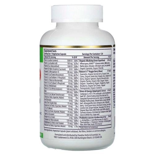 Paradise Herbs, Earth's Blend, комплекс суперфудов и мультивитаминов с железом, для приема один раз в день, 120 вегетарианских капсул