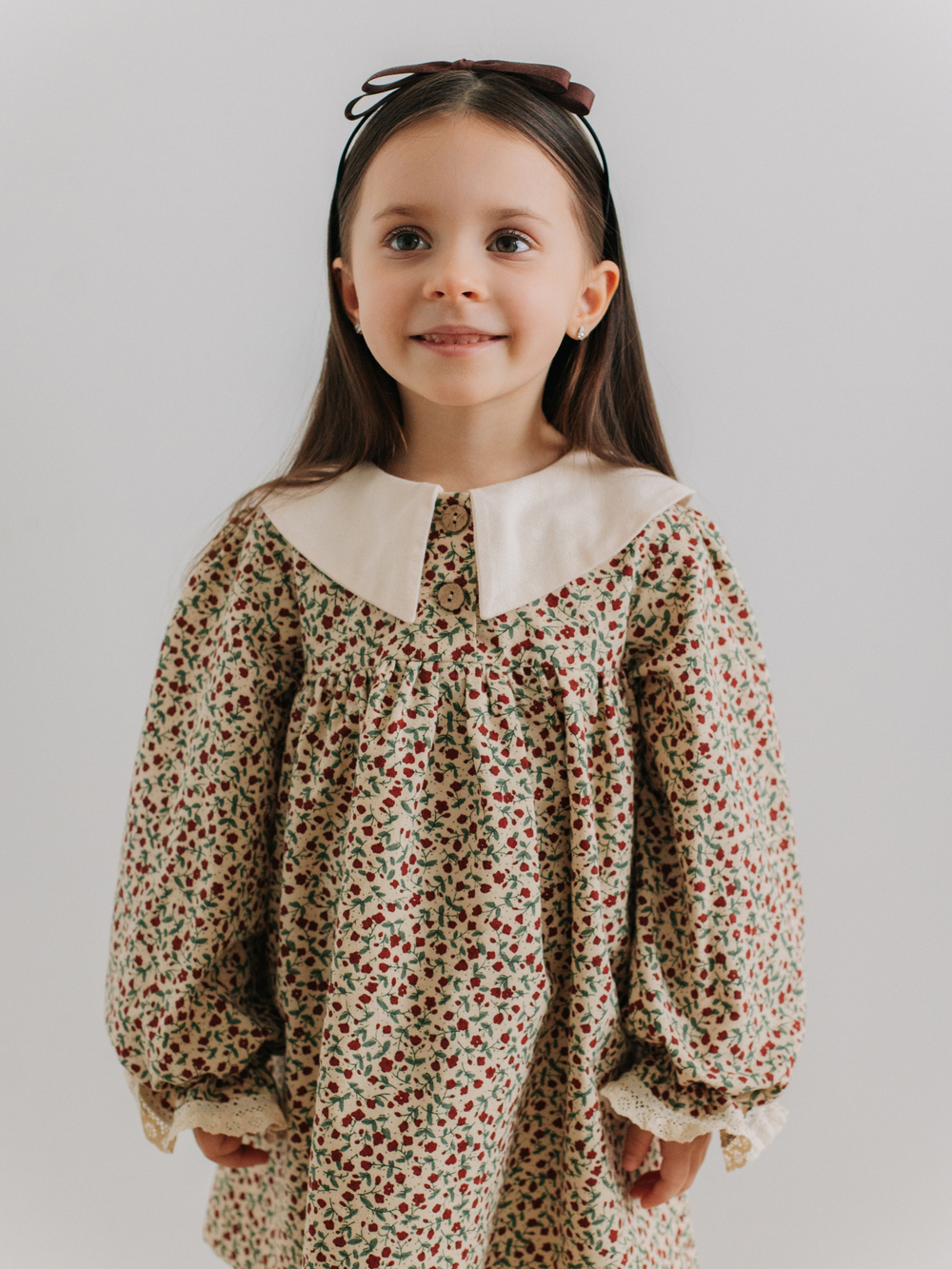 Платье с воротником в цветочек, Бежевый