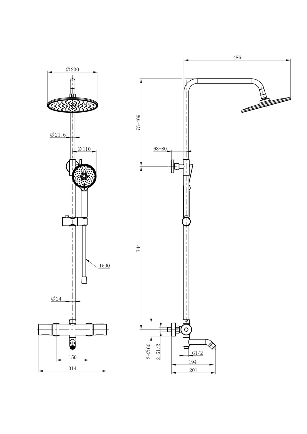 Душевая система с термостатом WONZON & WOGHAND INN 2, Черный матовый (WW-A3006-T1-MB)