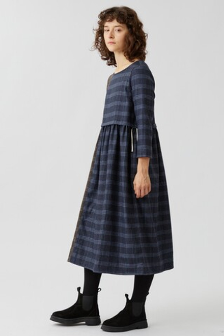Платье с кулиской из шерсти составное в крупную клетку