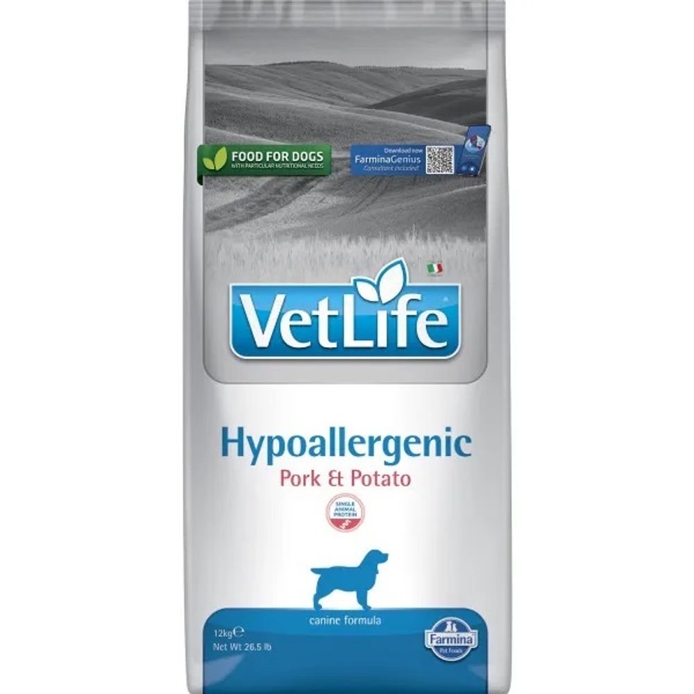 Сухой корм FARMINA Vet Life Hypoallergenic для взрослых собак при пищевой аллергии, со свининой и картофелем - 12 кг