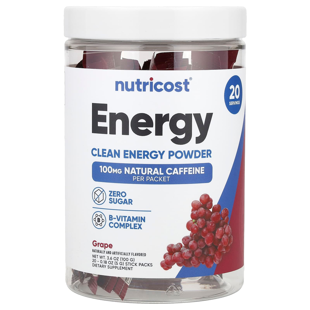 Nutricost, Energy, Clean Energy, порошок, виноград, 20 пакетиков по 5 г (0,18 унции)