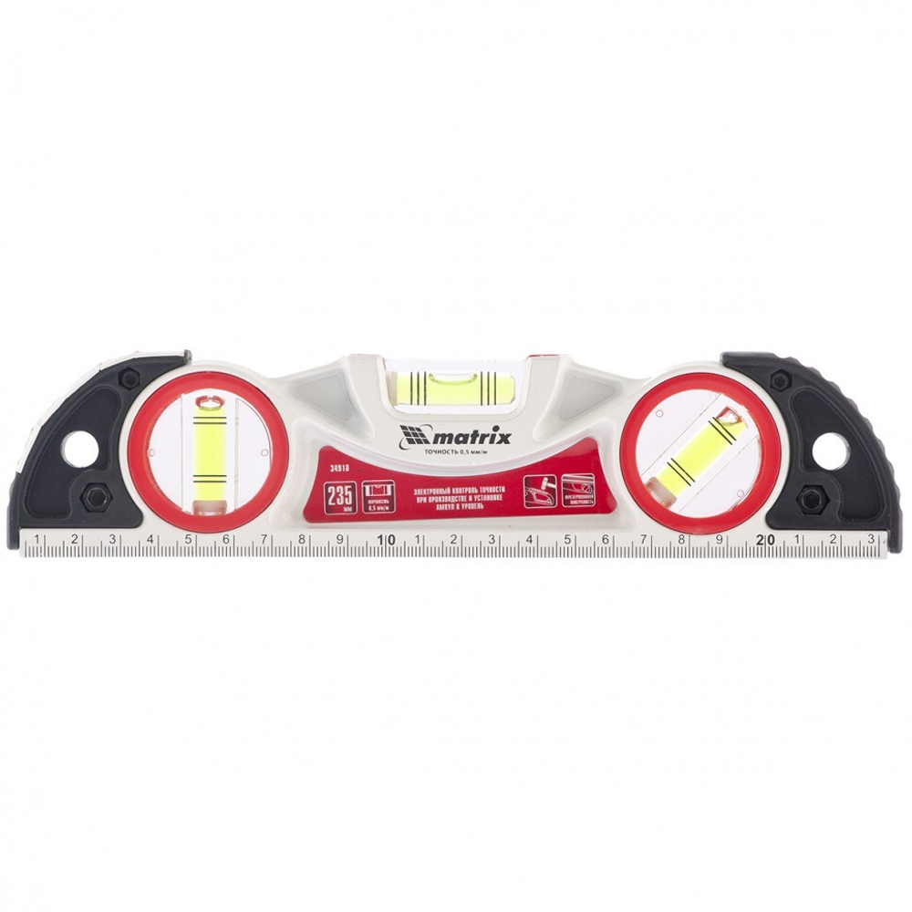 Уровень алюминиевый литой, фрезерованный, 3 глазка, две ударные площадки, 235 мм Matrix