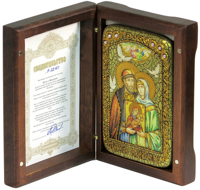 Инкрустированная Икона Петр и Феврония 15х10см на натуральном дереве, в подарочной коробке