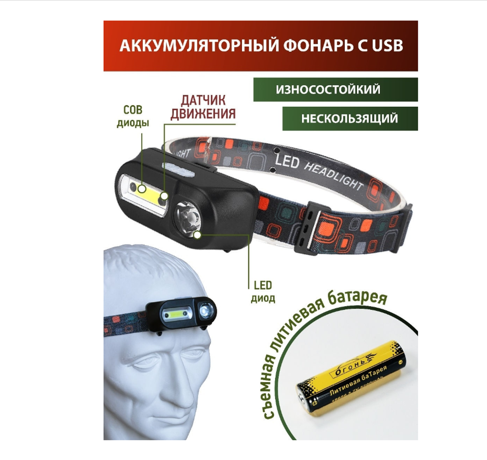 Фонарь Огонь HТ-822 налобный яркий