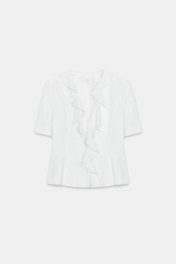 ZARA БЛЕЙЗЕР С КОРОТКИМИ РУКАВАМИ И ВОЛАНАМИ, ЖЕЛТОВАТО-БЕЛЫЙ