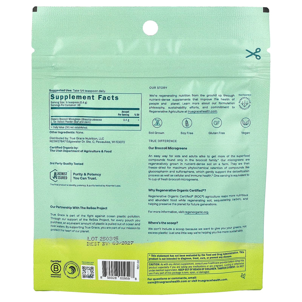 True Grace, Broccoli Microgreens Superfood Powder, 0.4 oz (12 g)