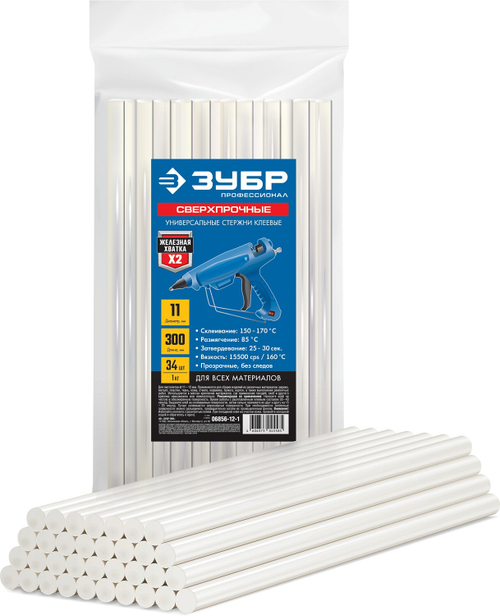 ЗУБР Профессионал прозрачные сверхпрочные клеевые стержни, d 11 х 300 мм (11-12 мм) 34 шт. 1 кг