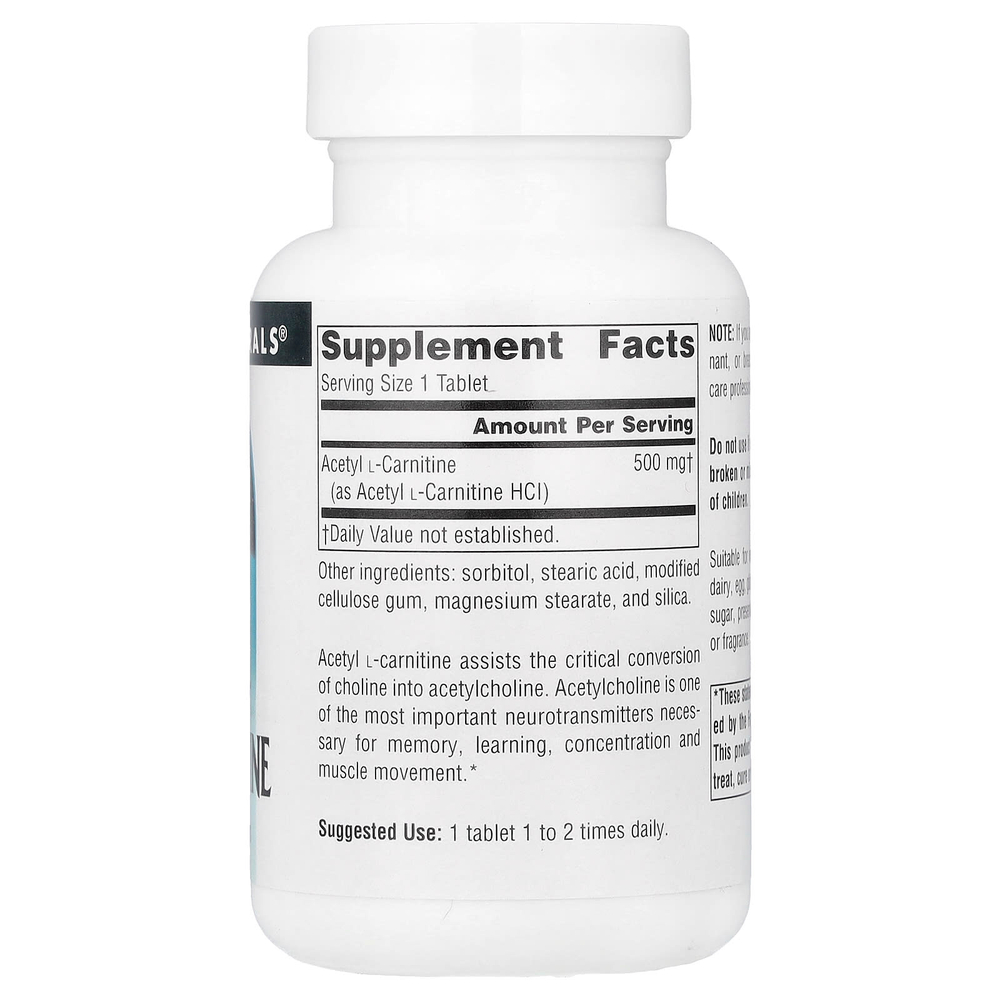 Source Naturals, ацетил-L-карнитин, 500 мг, 60 таблеток