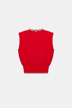 ZARA ТОП С ПОДПЛЕЧНИКАМИ И СТРАЗАМИ НА ВОРОТНИКЕ, КРАСНЫЙ