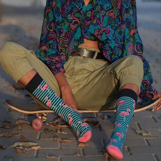 Носки "Фламинго", р-р 40-46, (черные/голубые полосы/ярко розовая пятка)