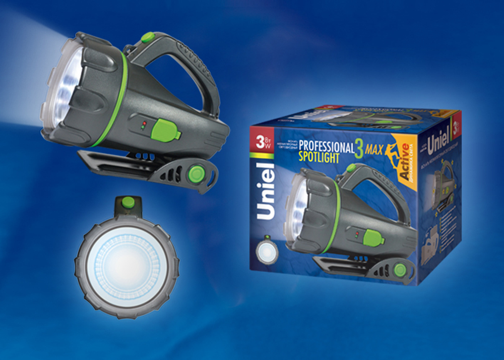 S-SL011-BA Black Фонарь Uniel серии Стандарт «Professional spotlight - 3 max », пластиковый корпус, 3 Watt LED, упаковка — цветной короб, 3.6V 1200mA Ni-MH battery в/к, цвет — черный