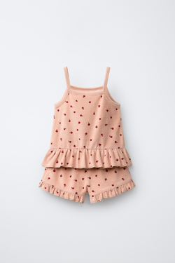 ZARA КОМПЛЕКТ ИЗ ФУТБОЛКИ И ШОРТОВ С ЦВЕТОЧНЫМ УЗОРОМ ИЗ МАХРОВОЙ ТКАНИ, ПАСТЕЛЬНО-РОЗОВЫЙ