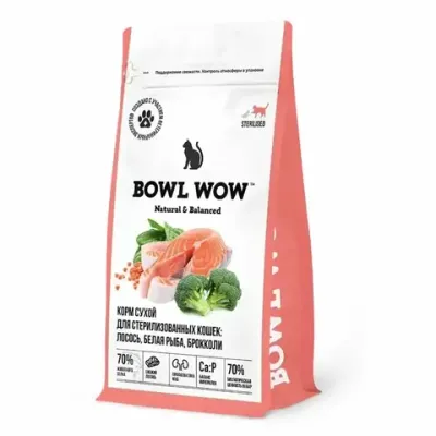 Уценка! Срок 06.05.26/ Сухой корм BOWL WOW для стерилизованных кошек с лососем, белой рыбой и брокколи