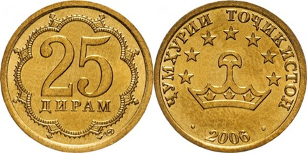 Таджикистан 25 дирамов, 2006 Герб, магнитная UNC