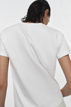 ZARA ФУТБОЛКА INTERLOCK С V-ОБРАЗНЫМ ВЫРЕЗОМ, БЕЛЫЙ