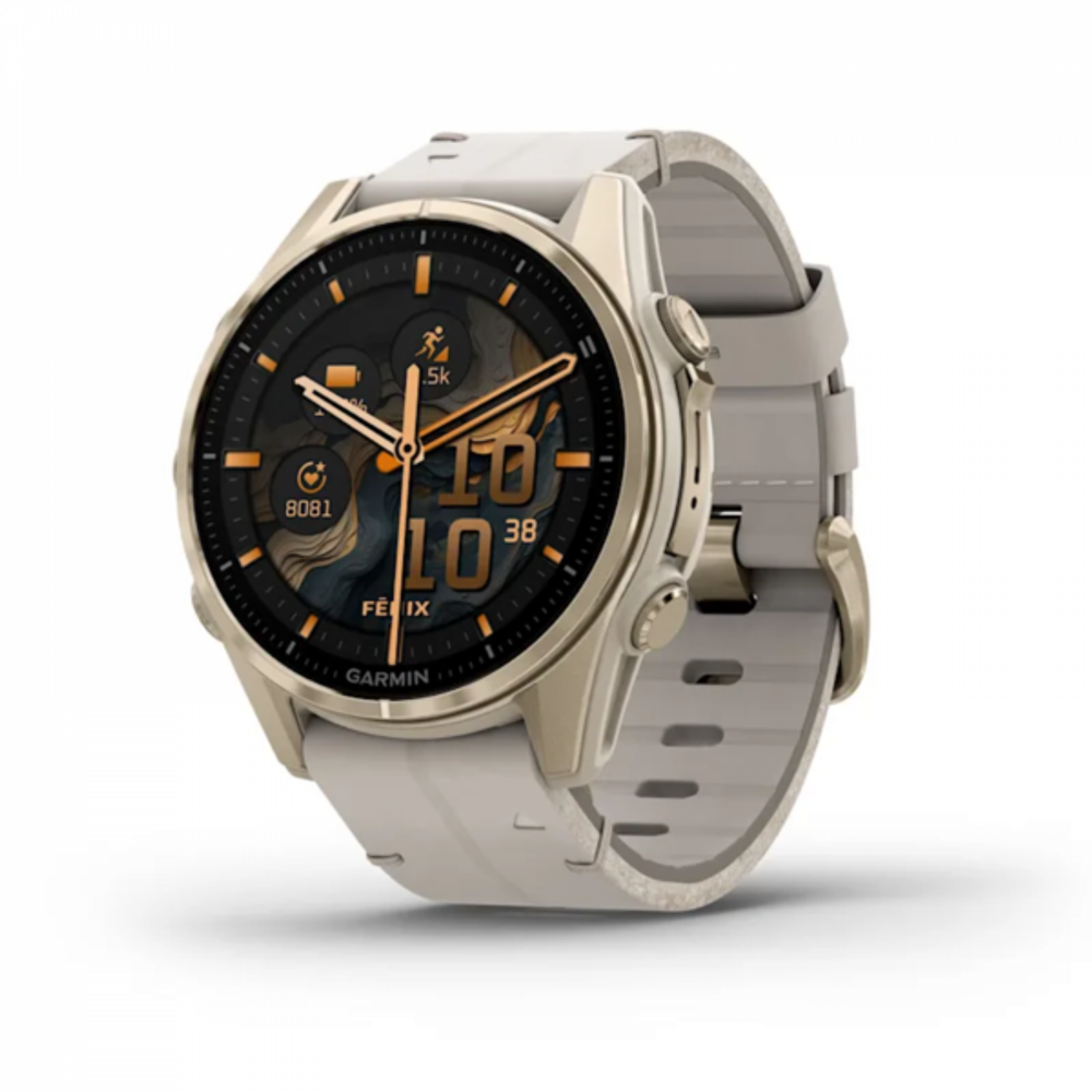 Смарт-часы Garmin Fenix 8 - 43 мм, AMOLED, Sapphire золотистый корпус, силиконовый и кожаный ремешок