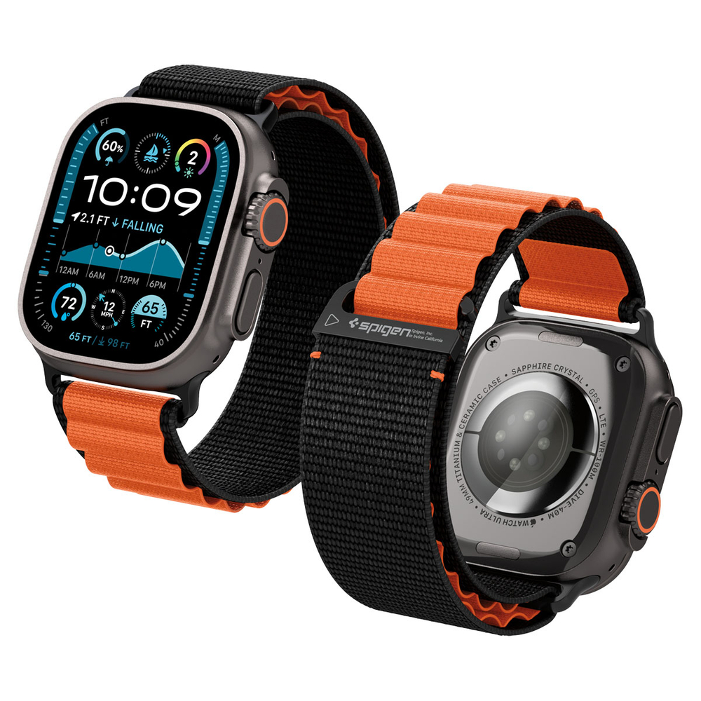 Ремешок Spigen WBF1 BAND для Apple Watch 6 / 7 / 8 / 9 / 10 / SE / Ultra 1 / 2 (44 / 45 / 46 / 49 mm) черный/оранжевый