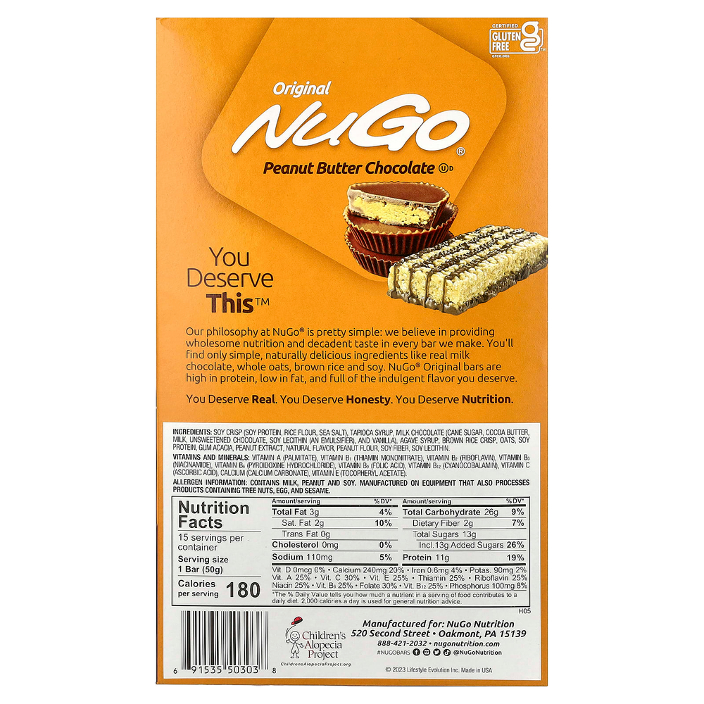 NuGo Nutrition, протеиновые батончики, арахисовая паста и шоколад, 15 батончиков по 50 г (1,76 унции)
