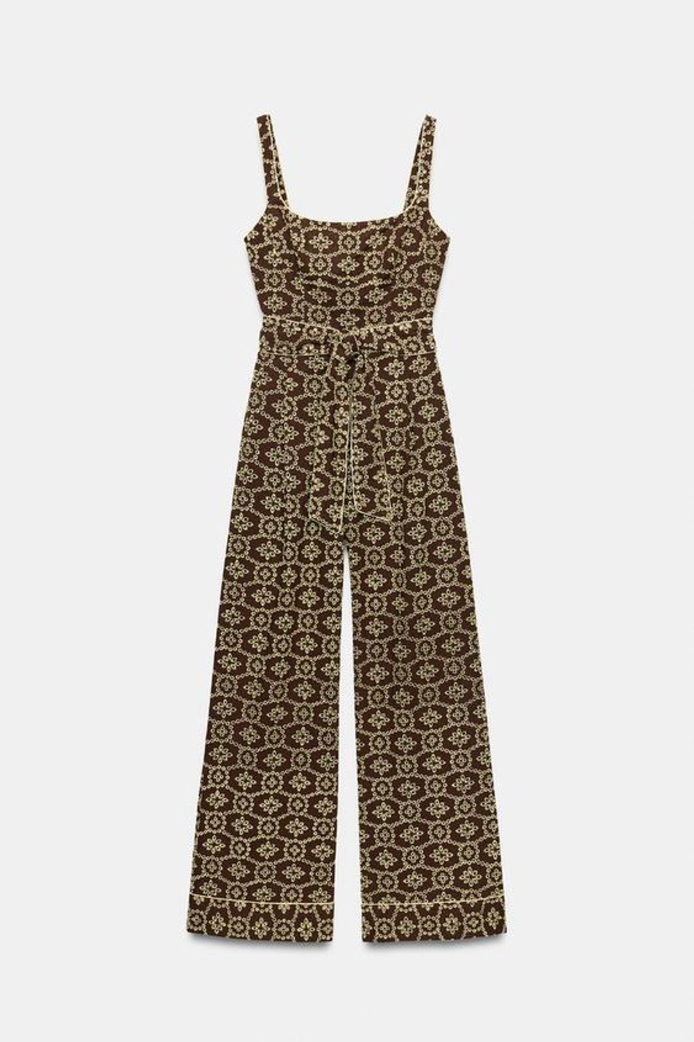 ZARA КОМБИНЕЗОН С ПЕРФОРИРОВАННОЙ ВЫШИВКОЙ И ПОЯСОМ, КОРИЧНЕВЫЙ/ЭКРЮ