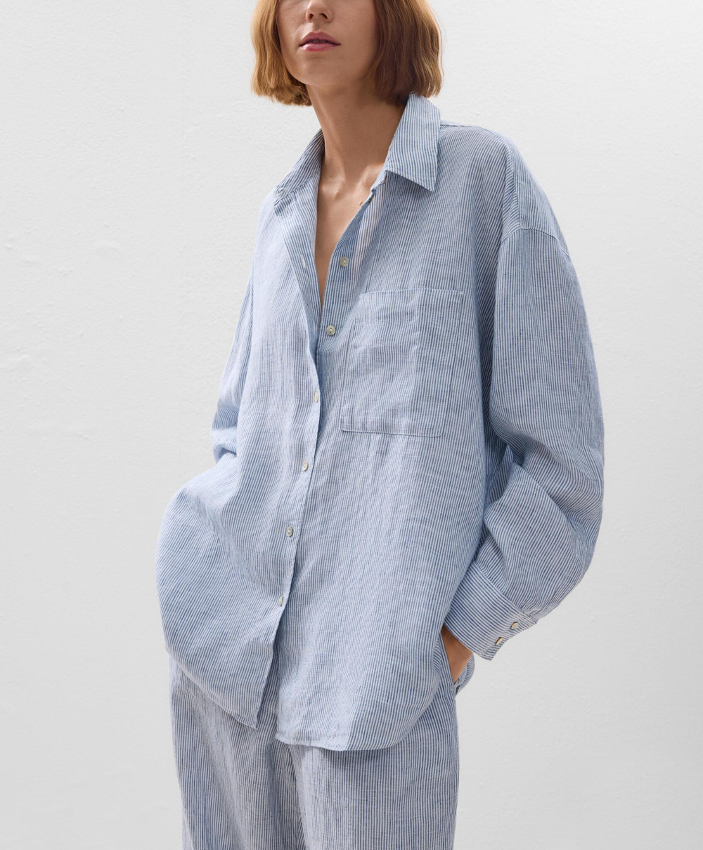 Oysho Рубашка свободного кроя из 100% льна, голубой