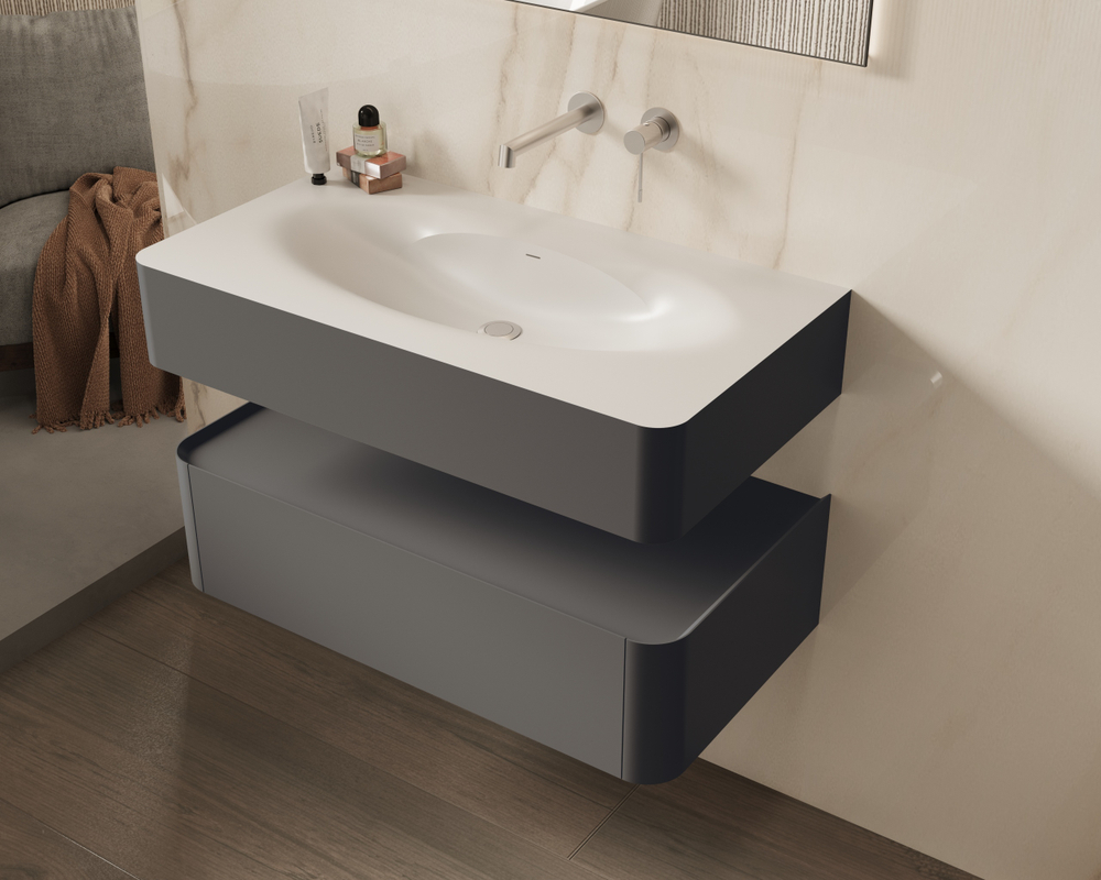 База под раковину Caprise 1000 подвесная, 1 выкатной ящик soft close, серый матовый