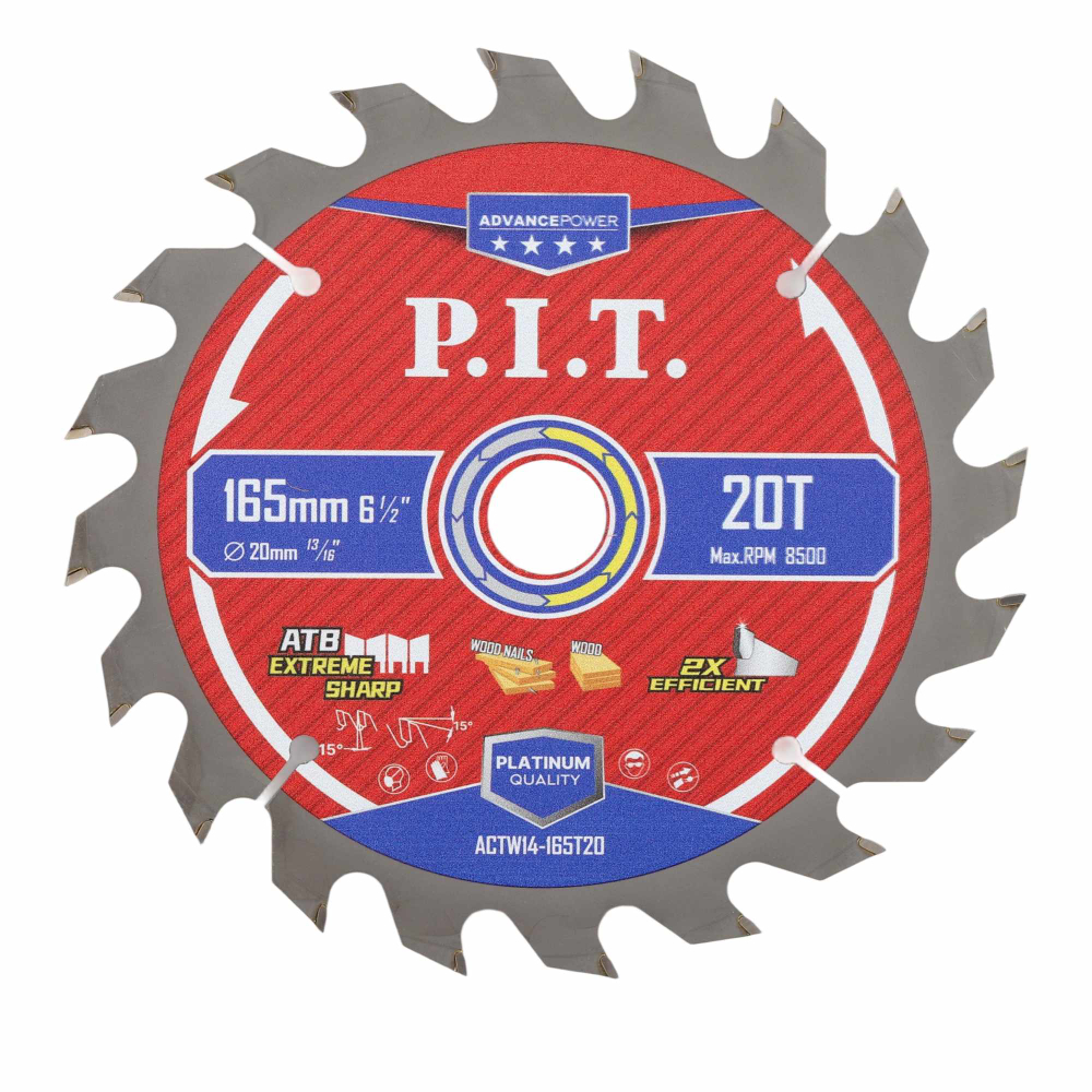 Диск пильный по дереву P.I.T. 165x20x1,4 мм, 20T Carbide, зуб ATB 15° (ACTW14-165T20)
