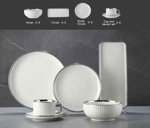 Набор посуды с серебристой окантовкой на 6 персон