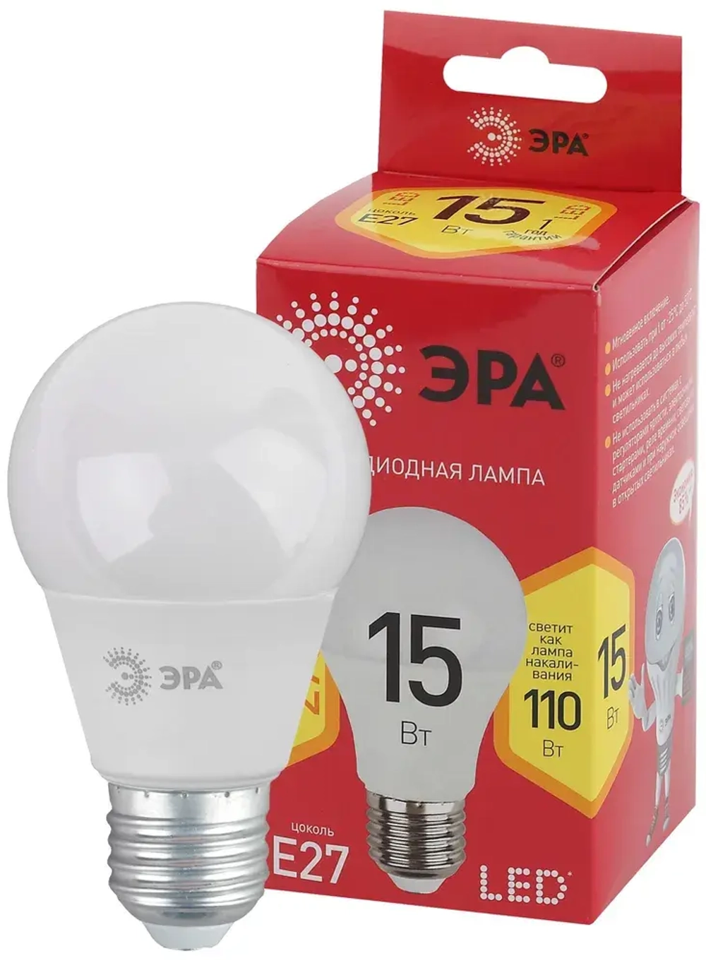 Лампочка светодиодная ЭРА RED LINE LED E27 15 Вт A60 груша 2700К теплый свет, 1 штука