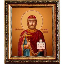 Ростислав (в Крещении Михаил) Мстиславич Киевский, Смоленский благоверный князь. Икона на холсте.