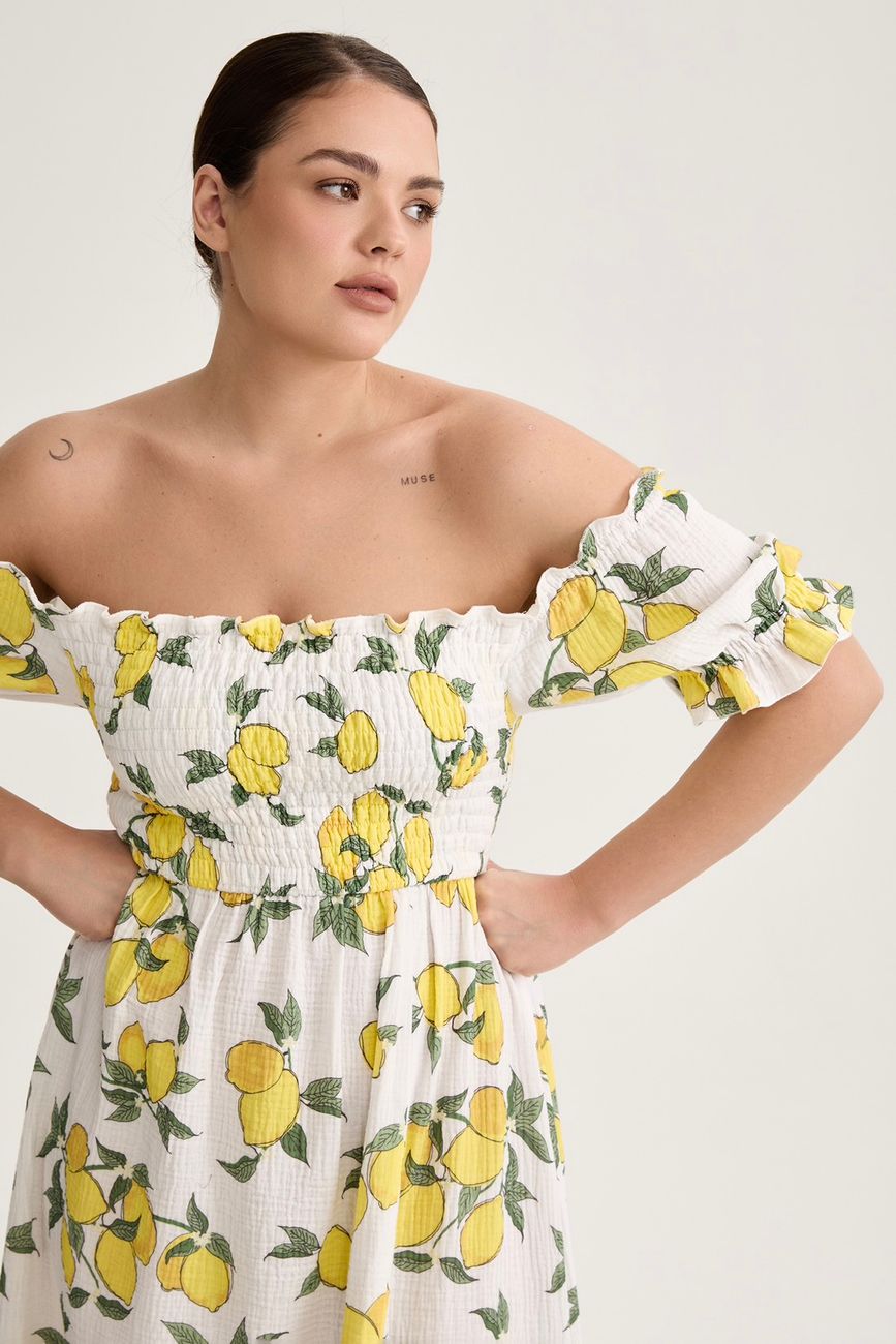 Платье с открытыми плечами из муслина, принт лимоны