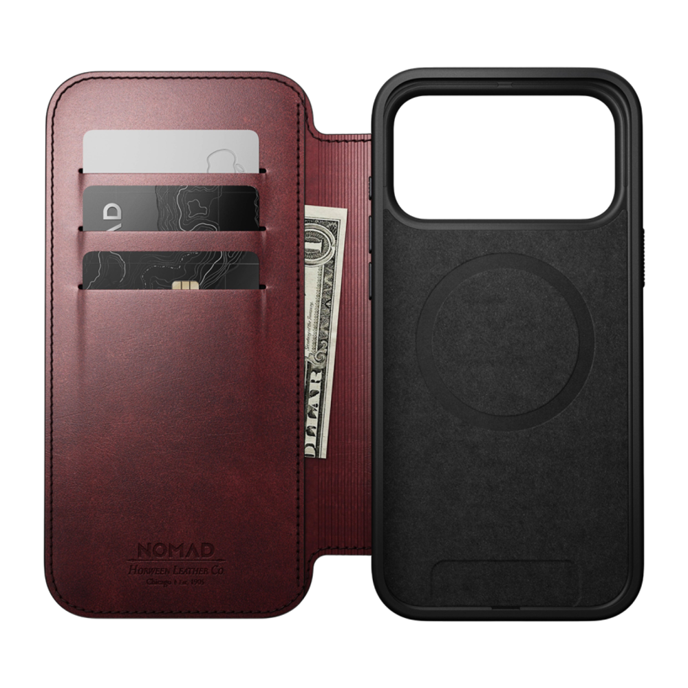 Кожаный чехол-книжка MagSafe Nomad Horween Modern Leather Folio Limited Edition для iPhone 17 Pro Max Гибридный укреплённый чехол из натуральной кожи Horween с сенсорной накладкой для Контроллера камеры. Есть отделение для купюр и встроенный картхолдер —