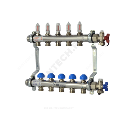 Группа коллекторная нержавеющая сталь 1" НР/НР 2 вых 3/4" НР под евроконус с расходомерами HKV-D Rehau 12080211002