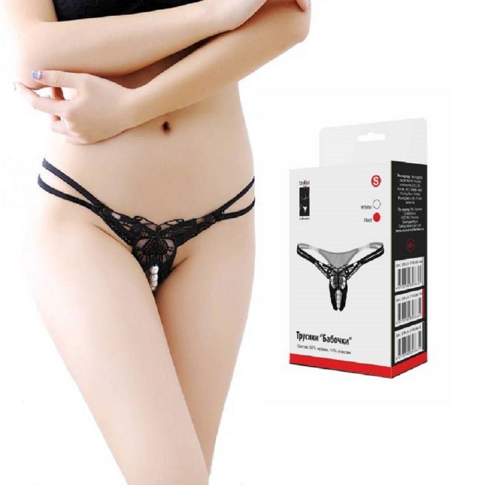 Стринги женские бабочка с бусами черный s