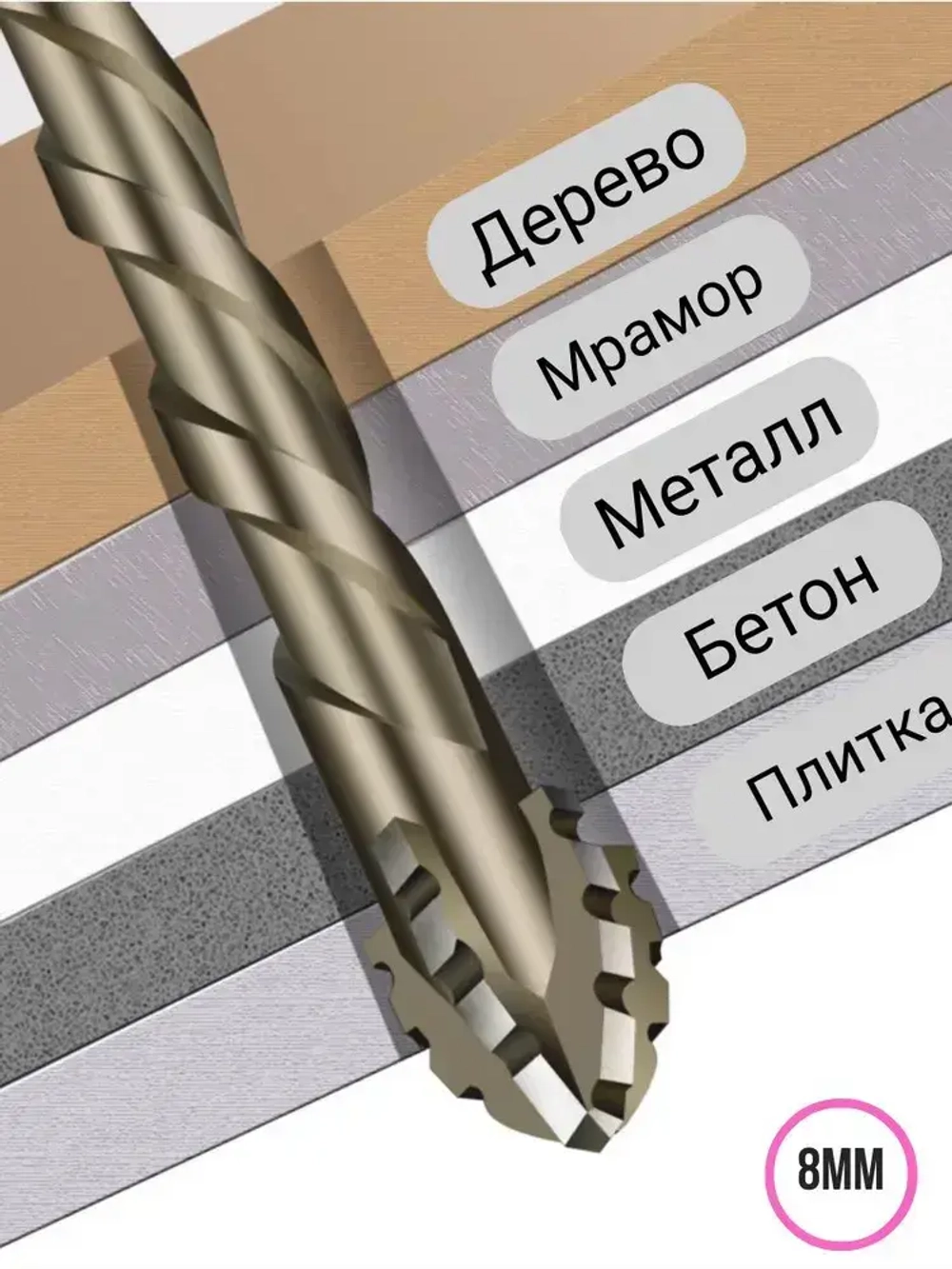 Сверло высокой твердости универсальное 8мм 4-х лопастное мрамор бетон металл стекло дерево