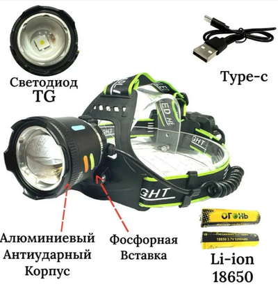 Фонарь налобный высокой яркости "белый лазер" Огонь HT-3126-PM20-TG